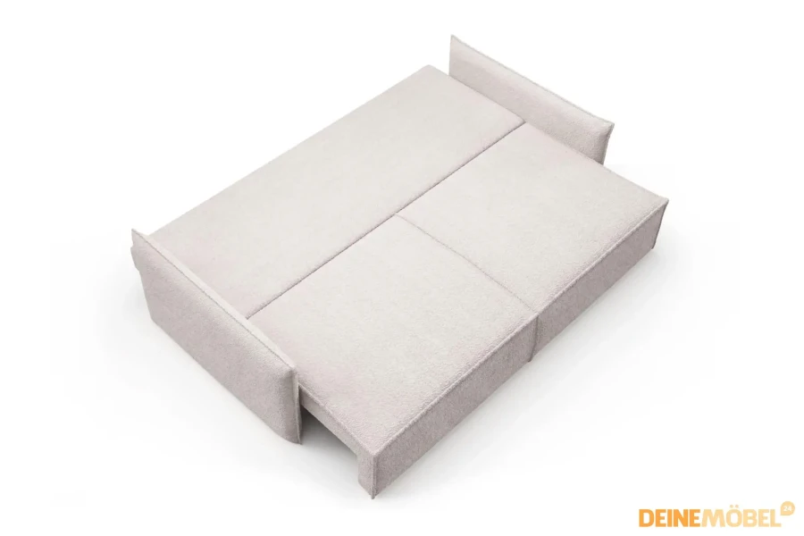 Funktionales Schlafsofa in Hellgrau, vollständig ausgeklappt als bequemes Gästebett.