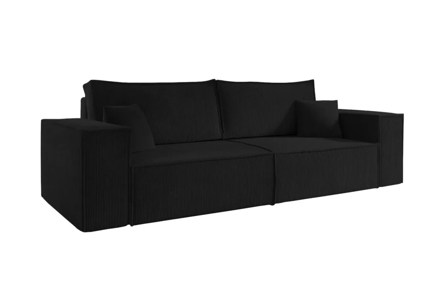 Schwarzes Cord-Sofa Pedro mit breiten Armlehnen und passenden Kissen für das Wohnzimmer.