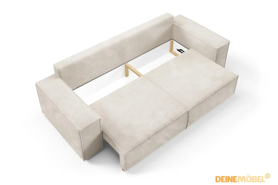 Draufsicht eines Schlafsofas mit ausgezogenem Bettkasten.