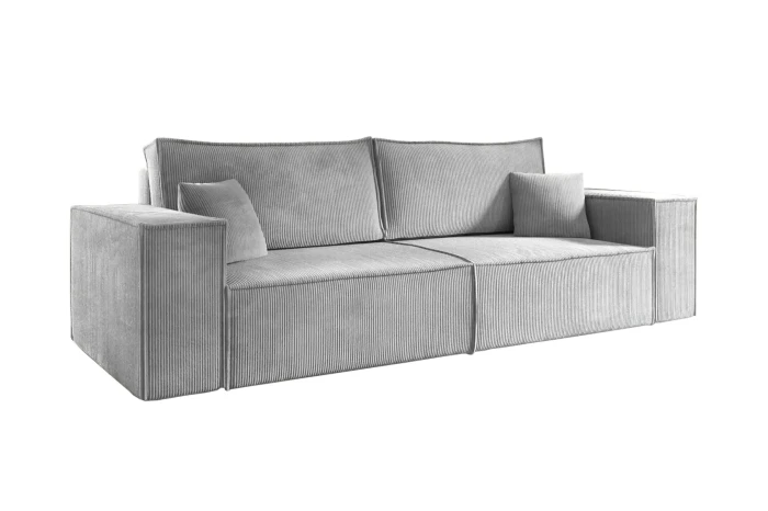 Graues 3-Sitzer Cordsofa in moderner Blockoptik.