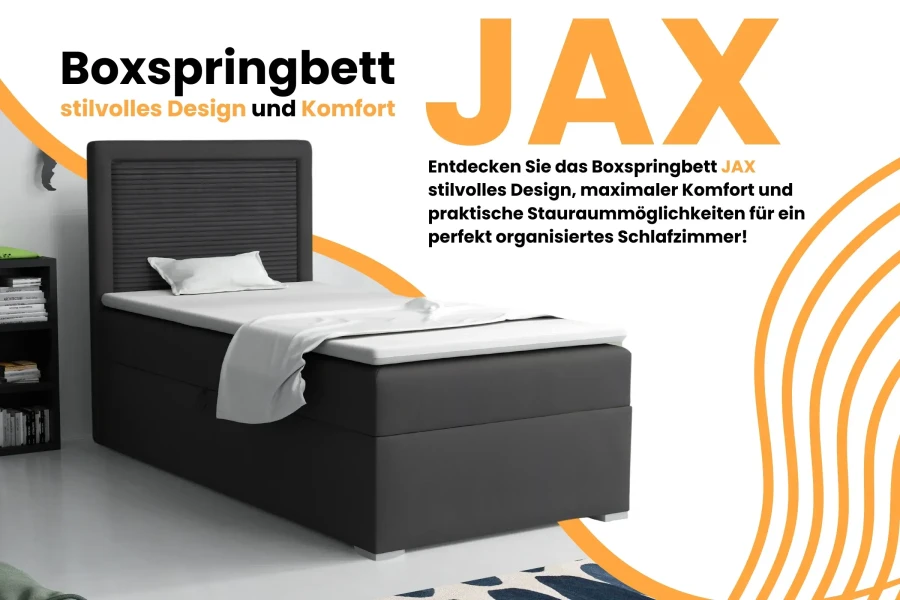 Dunkelgraues Boxspringbett JAX kombiniert zeitloses Design mit praktischen Stauraummöglichkeiten.