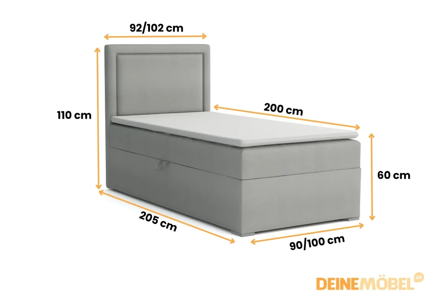 Maße für Boxspringbett ALA in Grau – 90x200 cm bis 100x200 cm