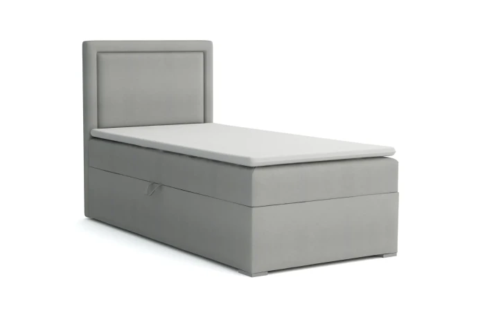 Graues Einzelbett Boxspringbett mit gepolstertem Kopfteil auf weißem Hintergrund.