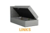 Graues Boxspringbett mit aufklappbarem Bettkasten und Öffnung nach links.
