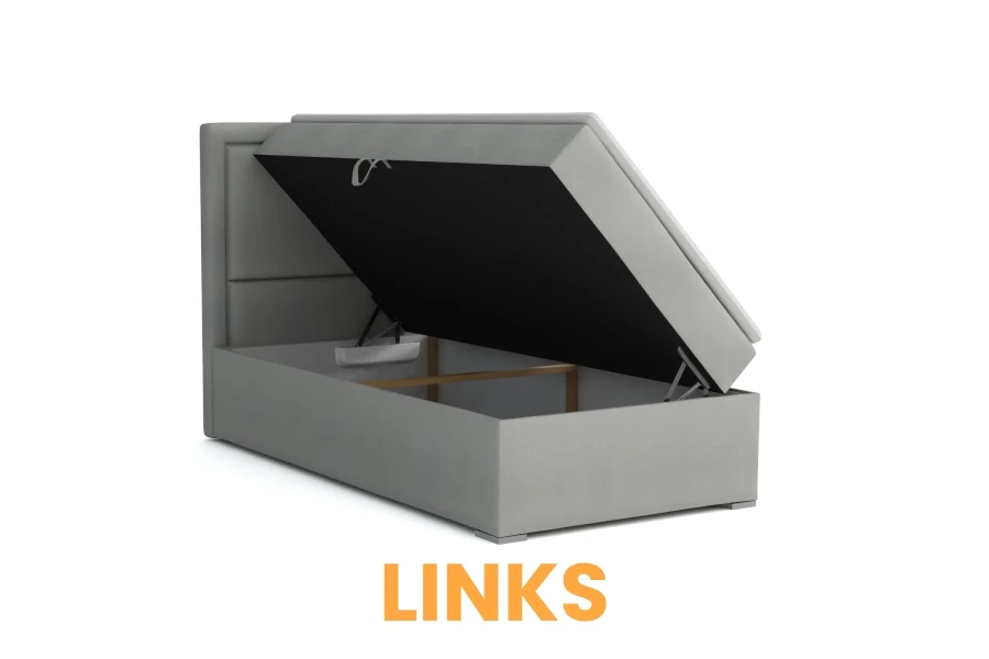 Graues Boxspringbett mit aufklappbarem Bettkasten und Öffnung nach links.