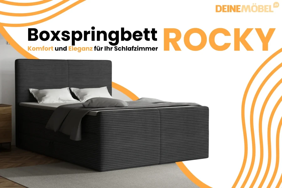 Dunkelgraues Boxspringbett Rocky mit markantem Cord-Bezug und hohem Kopfteil.