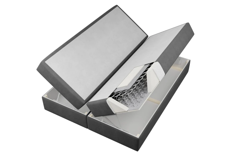Geöffneter Bettkasten eines Boxspringbettes mit Bonell-Federkern und viel Stauraum.