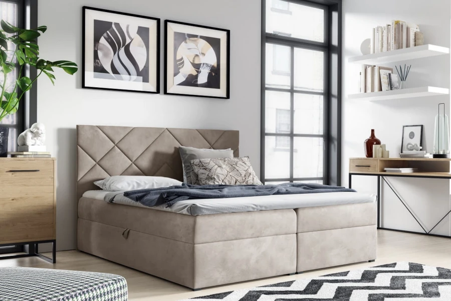 Beiges Boxspringbett mit Rautensteppung im modernen Schlafzimmer-Design