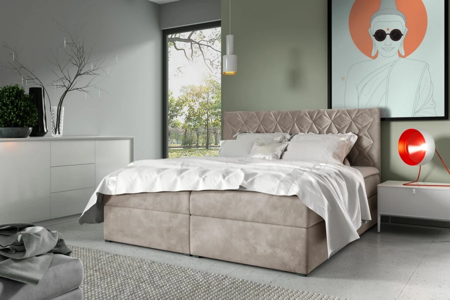 Beiges Boxspringbett mit Rautensteppung im modernen Schlafzimmer