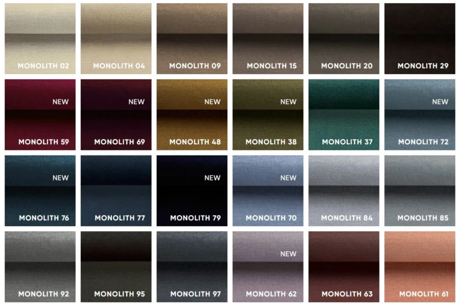 Monolith Stoffmuster Farbauswahl für Polstermöbel in verschiedenen modernen Farben.