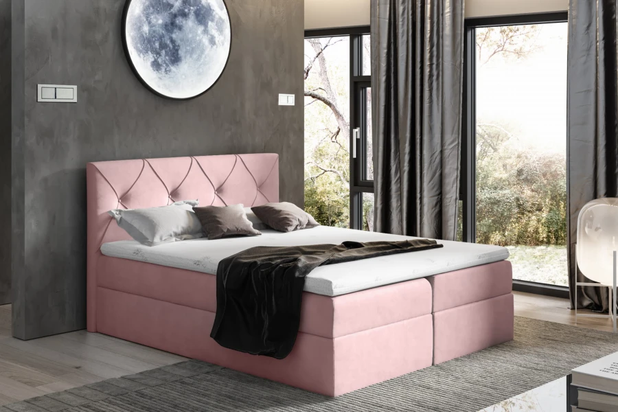 Stilvolles Boxspringbett in Rosa mit gepolstertem Kopfteil für ein modernes Schlafzimmerdesign.