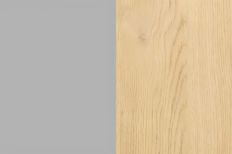 Farb- und Materialbeispiel: Mattes Grau kombiniert mit hellem Eichen-Holzdekor für Kinderzimmermöbel.