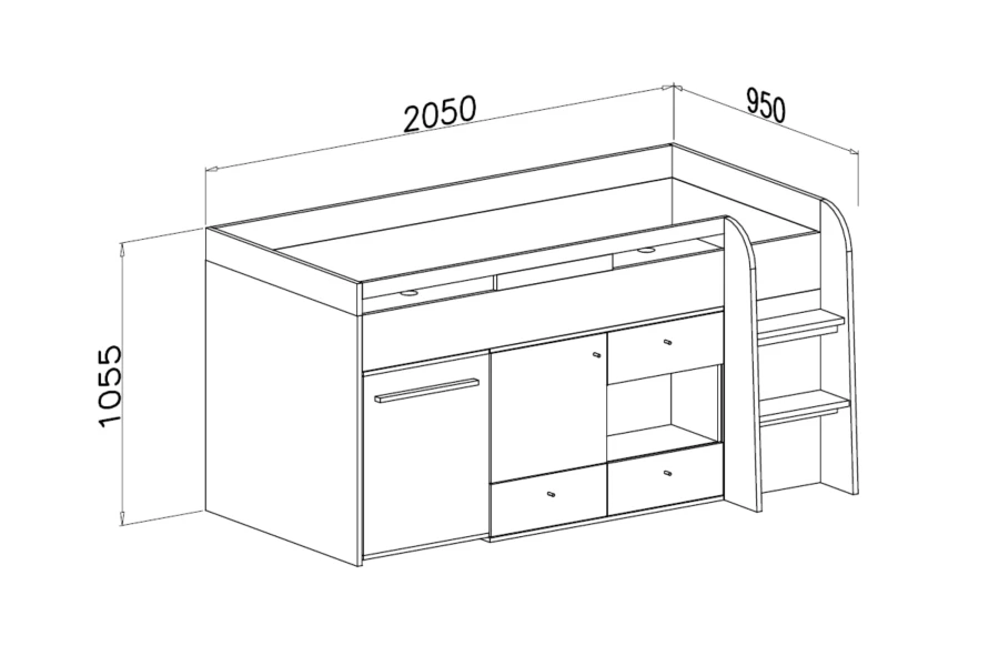 Technische Zeichnung eines Kinderhochbetts mit Maßen 2050x950x1055 mm in Millimetern.