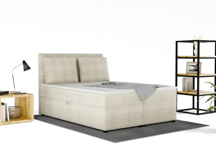 Beiges Boxspringbett aus Cord-Stoff mit Kopfteil und Kissen in moderner Schlafzimmer-Umgebung.