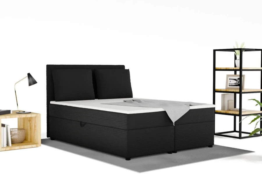 Schwarzes Boxspringbett mit Cord-Bezug in modernem Schlafzimmer.
