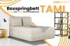 Boxspringbett TAMI in beigem Cord-Stoff mit Bettkasten für ein modernes Schlafzimmer.