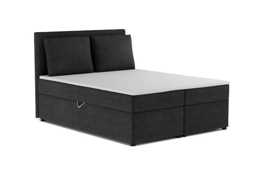 Schwarzes Boxspringbett TAMI in eleganter Cord-Optik mit integriertem Stauraum.