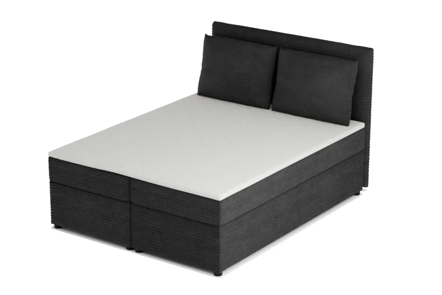 Modernes Boxspringbett in Anthrazit mit weißer Matratze und zwei Kopfkissen.
