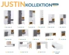 Übersicht der Justin Möbelkollektion mit Schränken, Sideboards und Schreibtischen in Weiß und Grau.