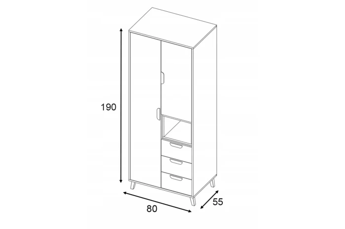 Maßskizze für den Kleiderschrank: 190 cm Höhe, 80 cm Breite und 55 cm Tiefe – Justin Kollektion.