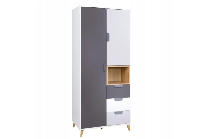 Schmaler Kleiderschrank in Weiß und Grau mit integriertem Regal und Schubladen für das Kinderzimmer.