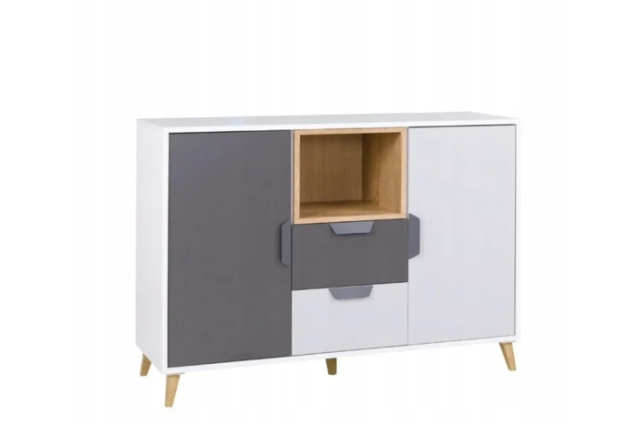 Design Sideboard Justin in Weiß-Grau-Eiche mit Holzbeinen für ein modernes Zuhause.