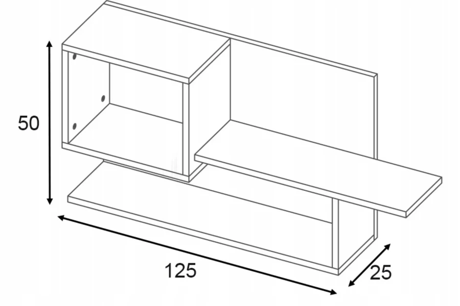 Technische Zeichnung für ein modernes Wandregal mit Maßen 125x50x25 cm.