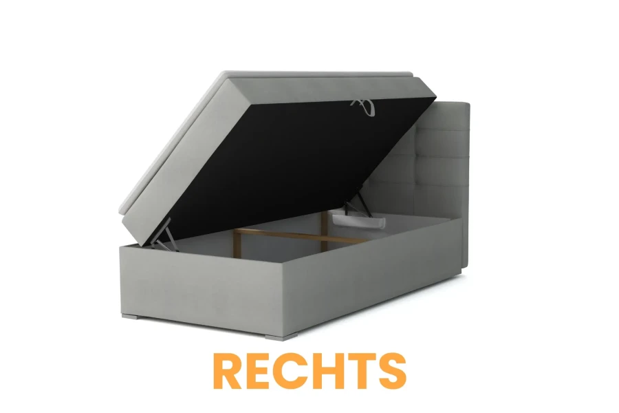 Light grey bed with right-opening bed box, functional single bed with storage space.
