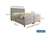 Afmetingen voor boxspringbed: 120 cm hoogte, 205 cm lengte en verschillende breedtes van 120 tot 202 cm.
