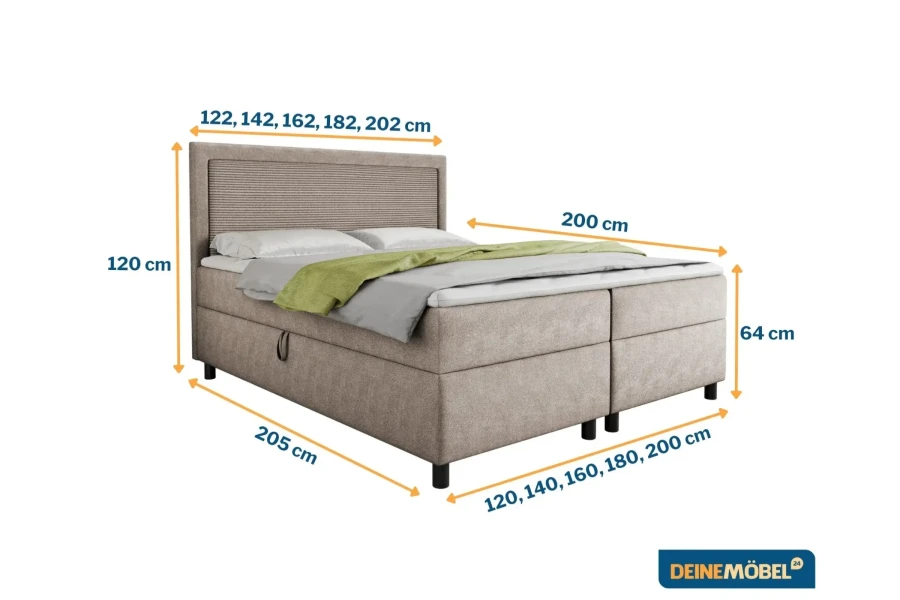 Afmetingen voor boxspringbed: 120 cm hoogte, 205 cm lengte en verschillende breedtes van 120 tot 202 cm.