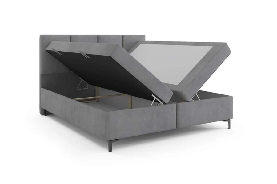 Lichtgrijs bed met zijwaarts openklapbare opbergruimtes voor extra opslag.