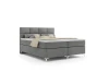 Elegant grijs boxspringbed op witte achtergrond met zilveren poten.