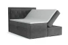 Geopend antracietkleurig boxspringbed met opbergruimte en knoopstiksels.