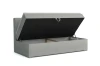 Grijs boxspringbed met open bedbak voor extra opbergruimte.
