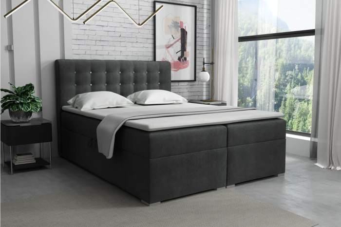 Elegant boxspringbed in antraciet met gewatteerd hoofdbord en topper.