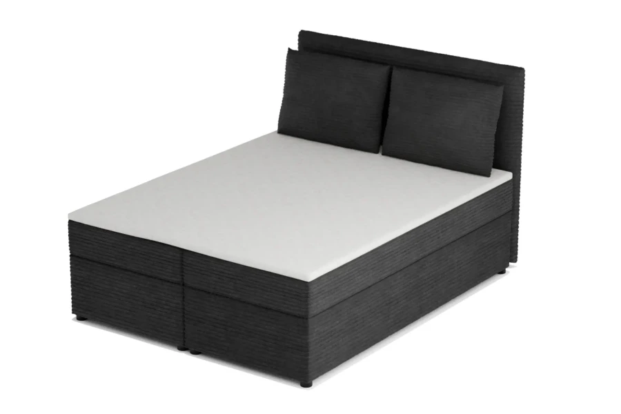 Black box spring bed with cord cover and white mattress, side view isolated.