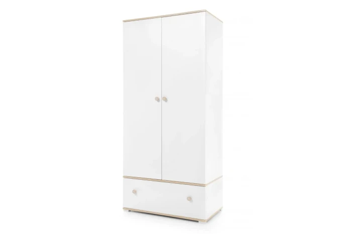 Moderner Kleiderschrank in Weiß mit zwei Türen und einer geräumigen Schublade für das Kinderzimmer.