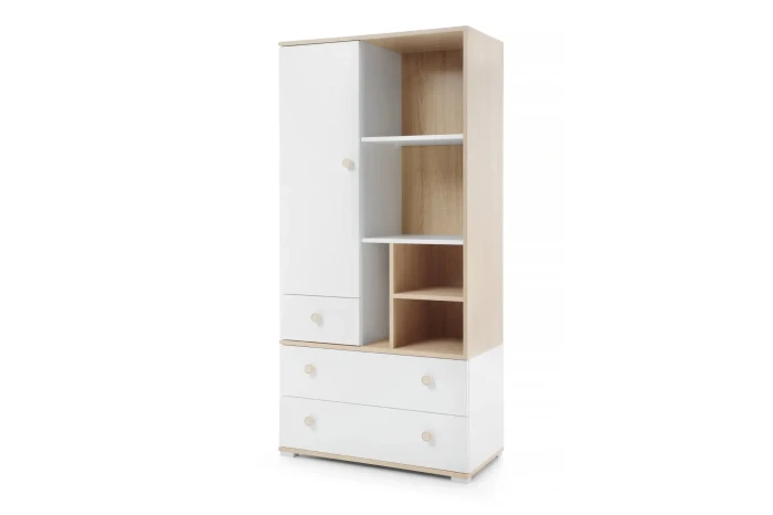 Kombiniertes Standregal für Kinderzimmer in Weiß und Holz mit Tür und Schubfächern.