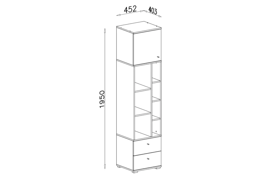 Technische Zeichnung mit Maßen (1950x452x403 mm) für einen hohen Schrank in Grau-Eiche.