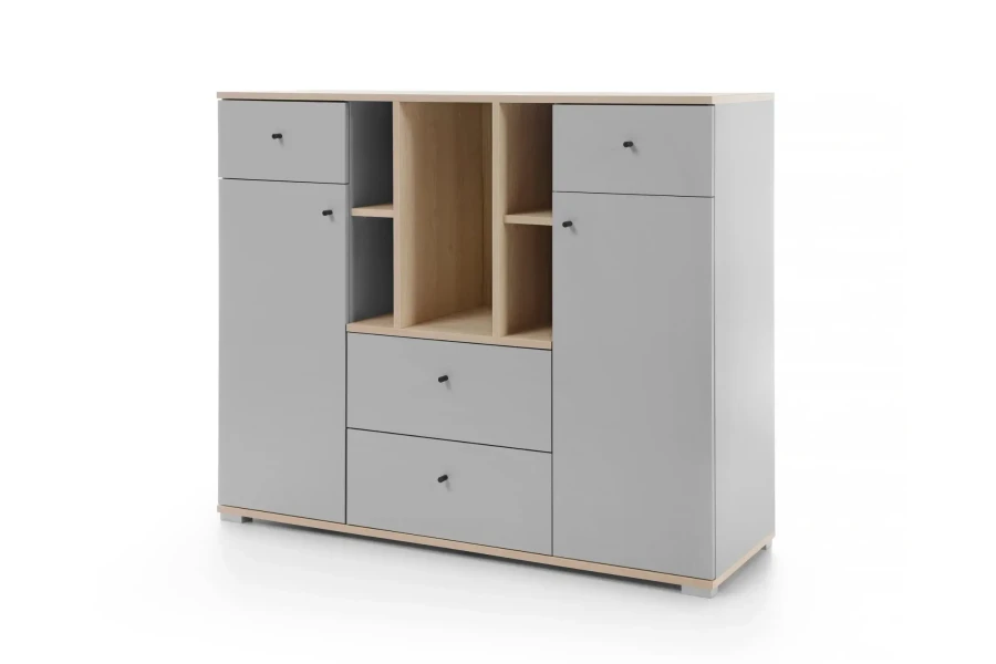Modernes Sideboard in Grau und Eiche mit Schubladen und offenen Fächern für viel Stauraum.