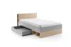 Jugendbett mit Stauraum in Grau und Eiche, Kopfteil mit Regalfächern und großem Bettschubkasten.