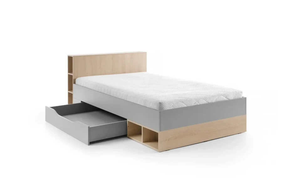 Jugendbett mit Stauraum in Grau und Eiche, Kopfteil mit Regalfächern und großem Bettschubkasten.