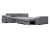Graues Eckschlafsofa mit ausgezogener Liegefläche auf weißem Hintergrund.