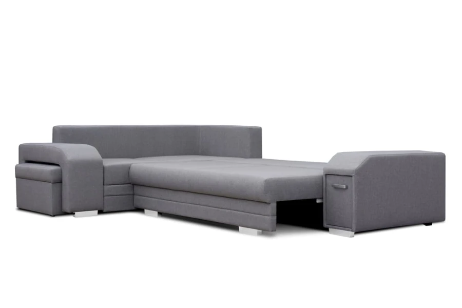 Graues Eckschlafsofa mit ausgezogener Liegefläche auf weißem Hintergrund.