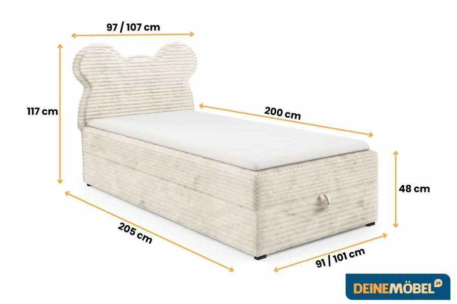 Maße des Kinder-Boxspringbetts TEDDY mit Kopfteil in Bärenform.