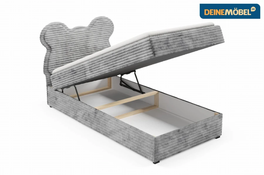 Graues Boxspringbett TEDDY für Kinder mit aufklappbarem Bettkasten.