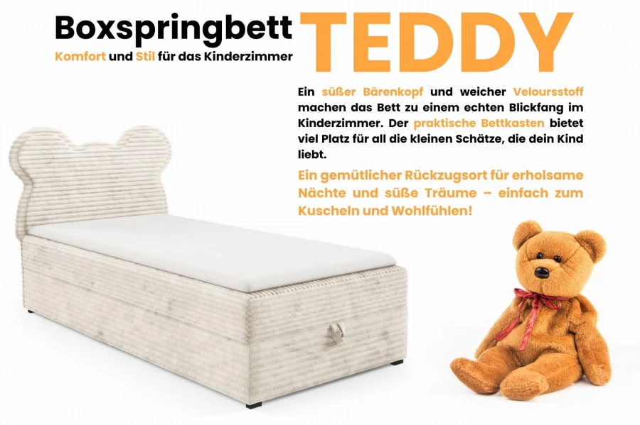 Boxspringbett TEDDY: Stilvolles Kinderbett mit süßem Bärenkopf-Design.