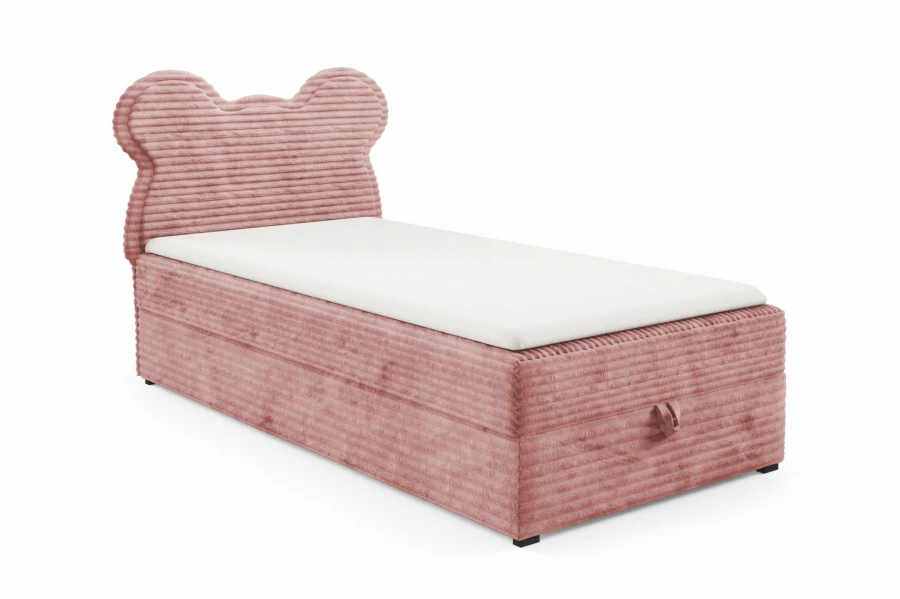 Rosa Kinderbett mit Kopfteil in Bärenform und praktischem Bettkasten.