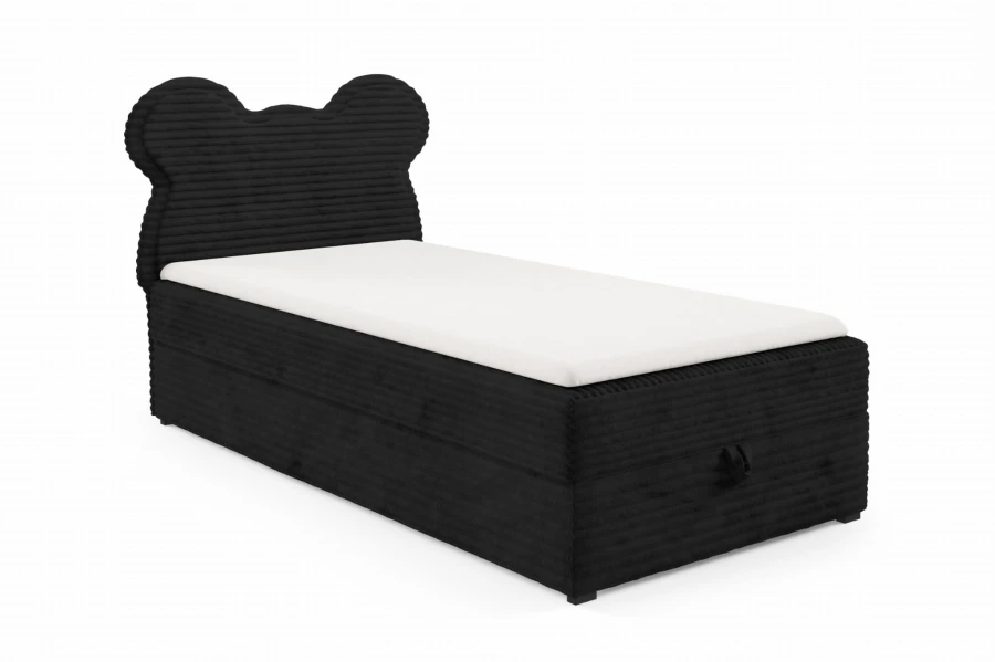 Schwarzes Kinderbett aus Kordsamt mit Kopfteil in Bärenform und Bettkasten.