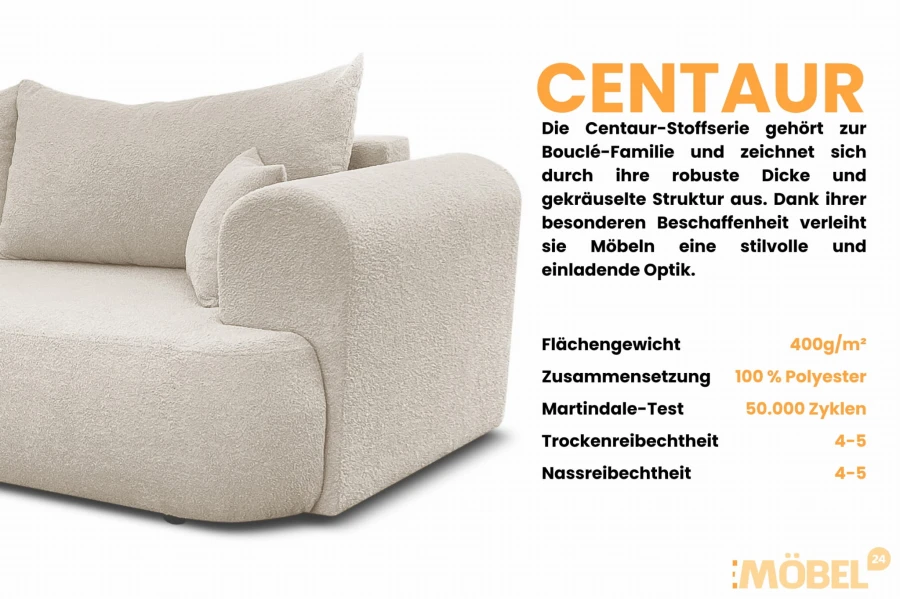Details zur CENTAUR Bouclé-Stoffserie für hochwertige Polstermöbel.